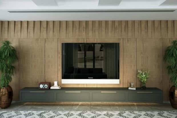 Contemporary living room interior featuring a wooden wall and mounted TV.