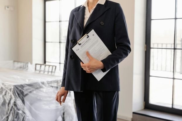 Professional real estate agent holding documents in a sunlit room, symbolizing success and transactions.