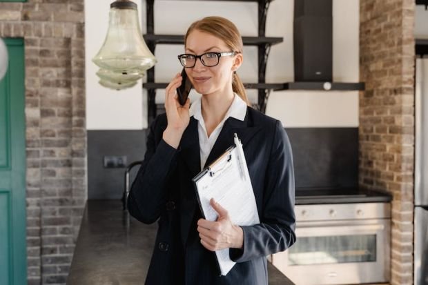 Confident female realtor in business attire on a call, smiling in a contemporary kitchen interior.
