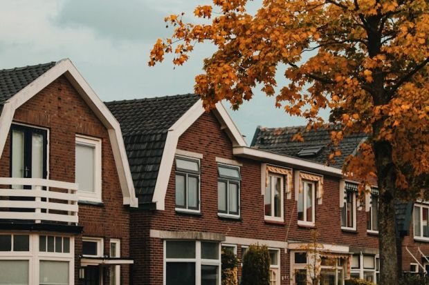 Picturesque suburban street with row houses and autumn foliage under a cloudy sky.